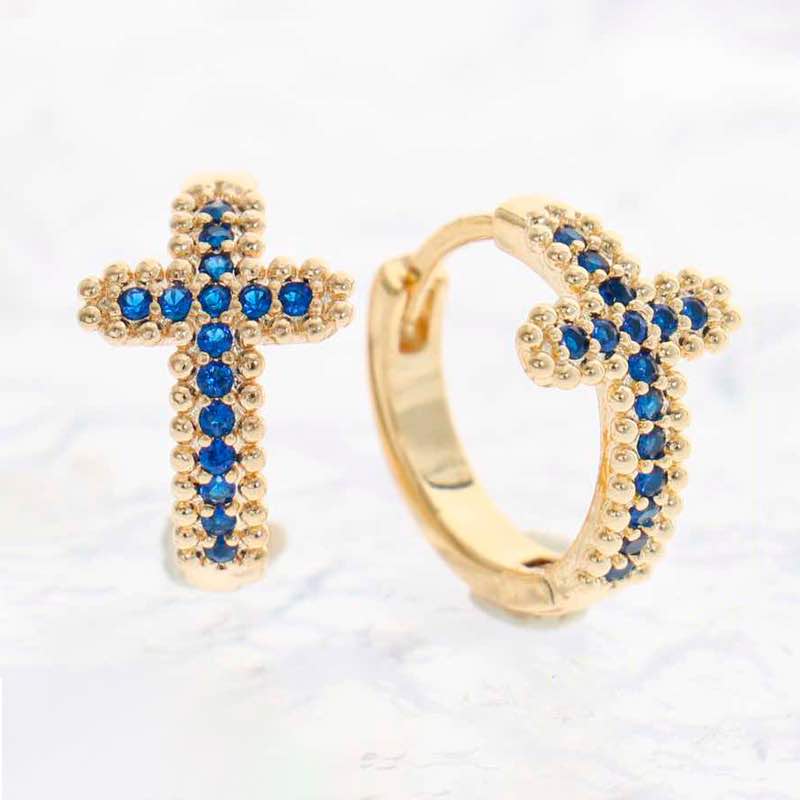 18K Gold-finished Huggies Cross Earrings (Sapphire Blue)
